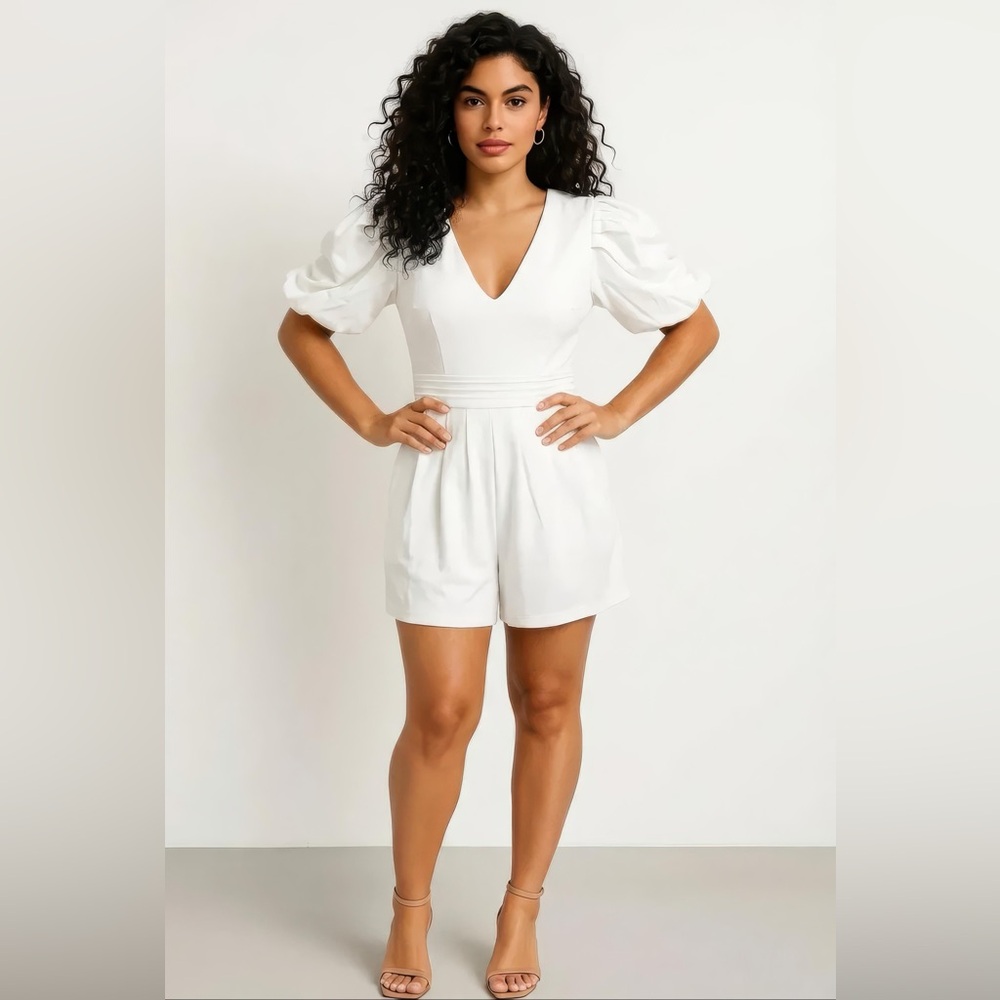 White Puff Sleeve V-Neck Cocktail Romper